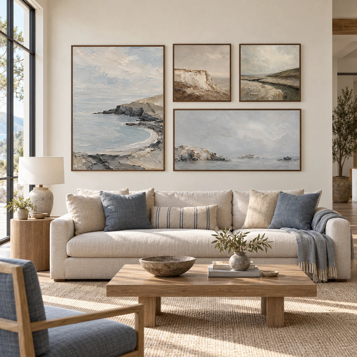 Coastal-Mist: complete gallery wall in a spacious living room