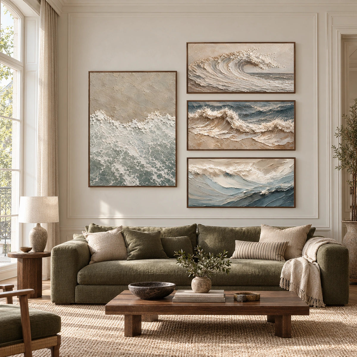 Tidal-Foam: complete gallery wall in a spacious living room