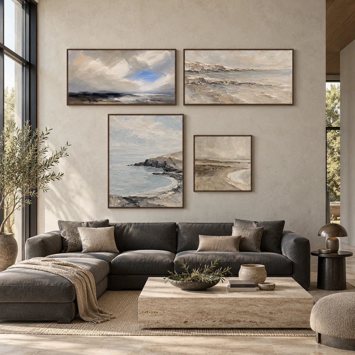 Slate-Shorelines: complete gallery wall in a spacious living room