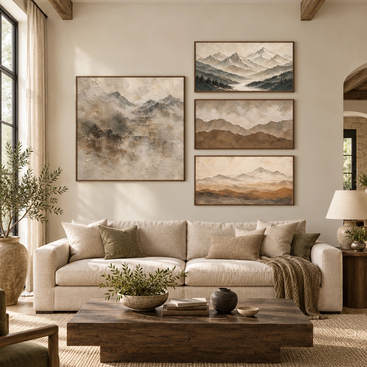 Mountain-Stillness: complete gallery wall in a spacious living room