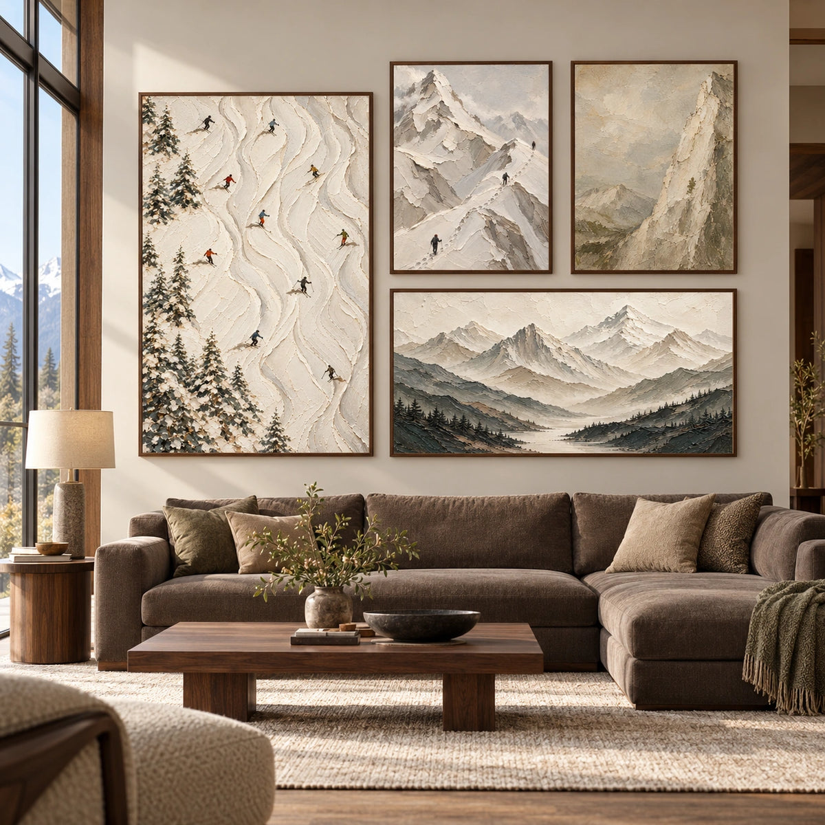 Alpine-Whispers: complete gallery wall in a spacious living room