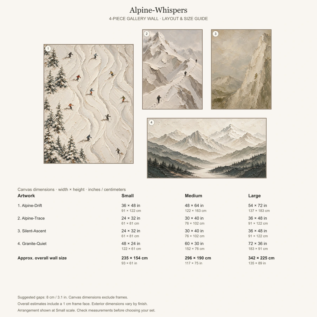 Alpine-Whispers: arrangement and Small, Medium and Large dimensions