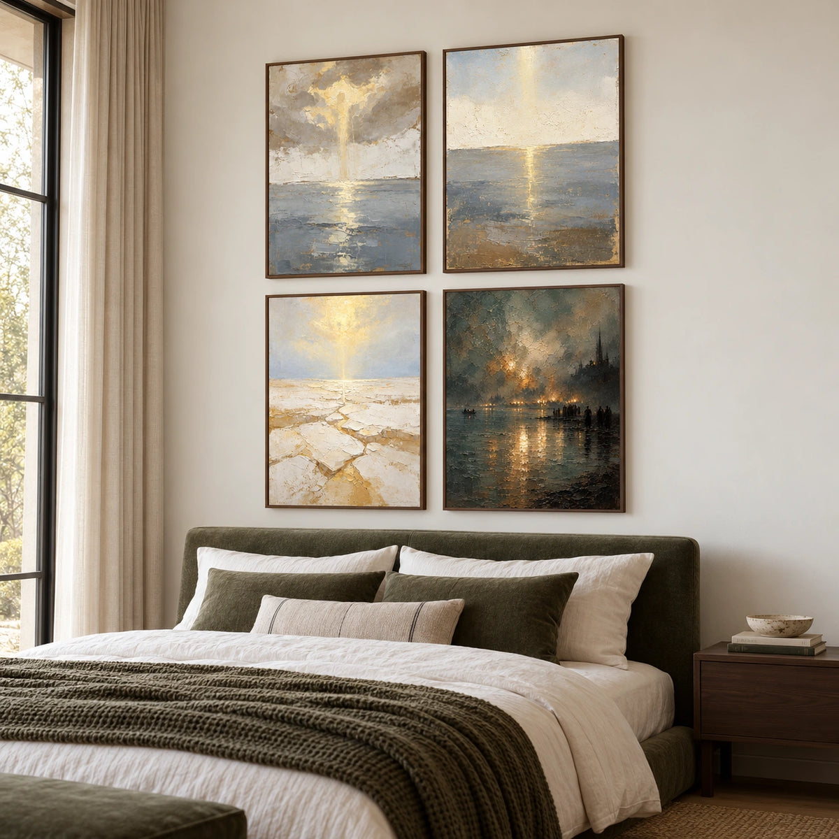 Gold-Estuary: complete gallery wall in a bedroom
