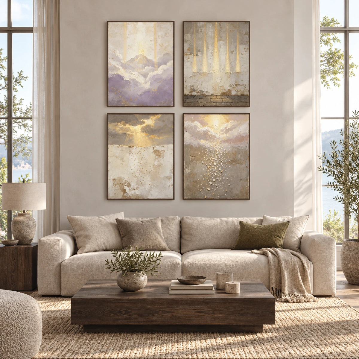 Gilded-Contours: complete gallery wall in a spacious living room