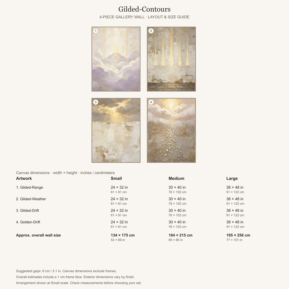 Gilded-Contours: arrangement and Small, Medium and Large dimensions
