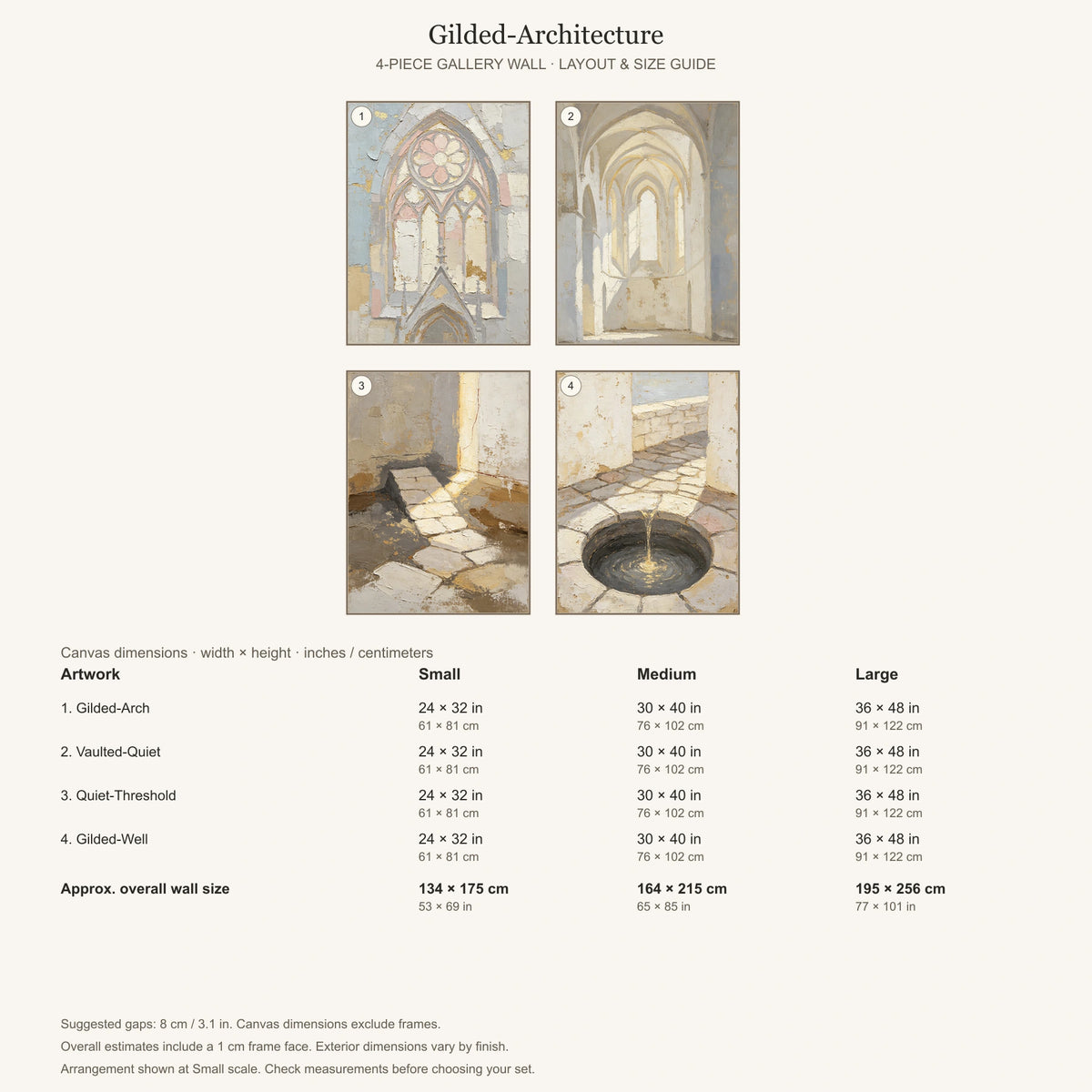 Gilded-Architecture: arrangement and Small, Medium and Large dimensions