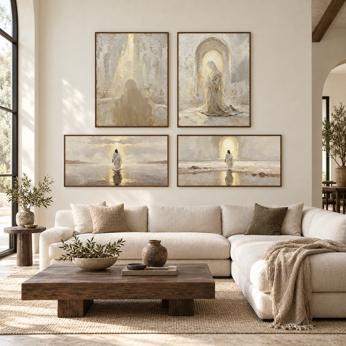Luminous-Passage: complete gallery wall in a spacious living room