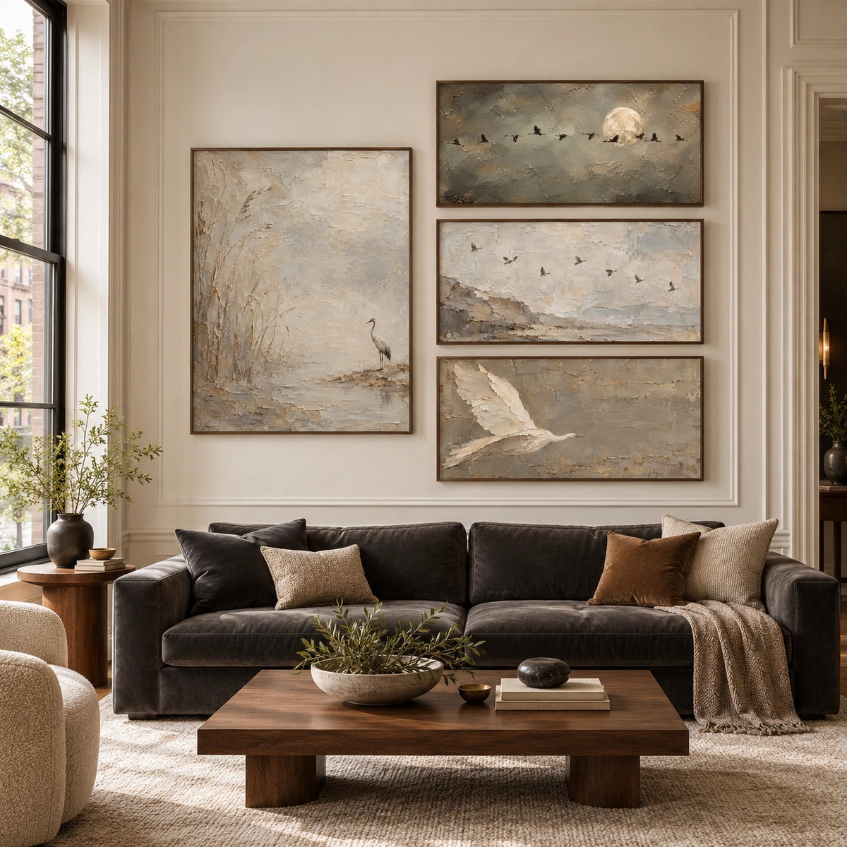 Quiet-Flight: complete gallery wall in a spacious living room