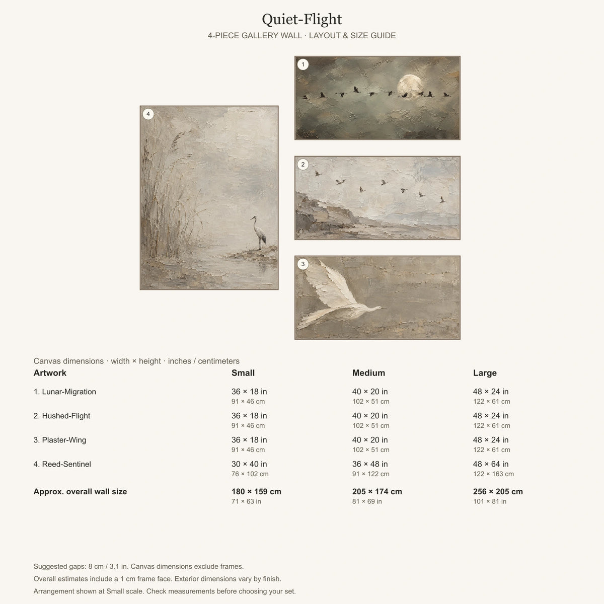 Quiet-Flight: arrangement and Small, Medium and Large dimensions