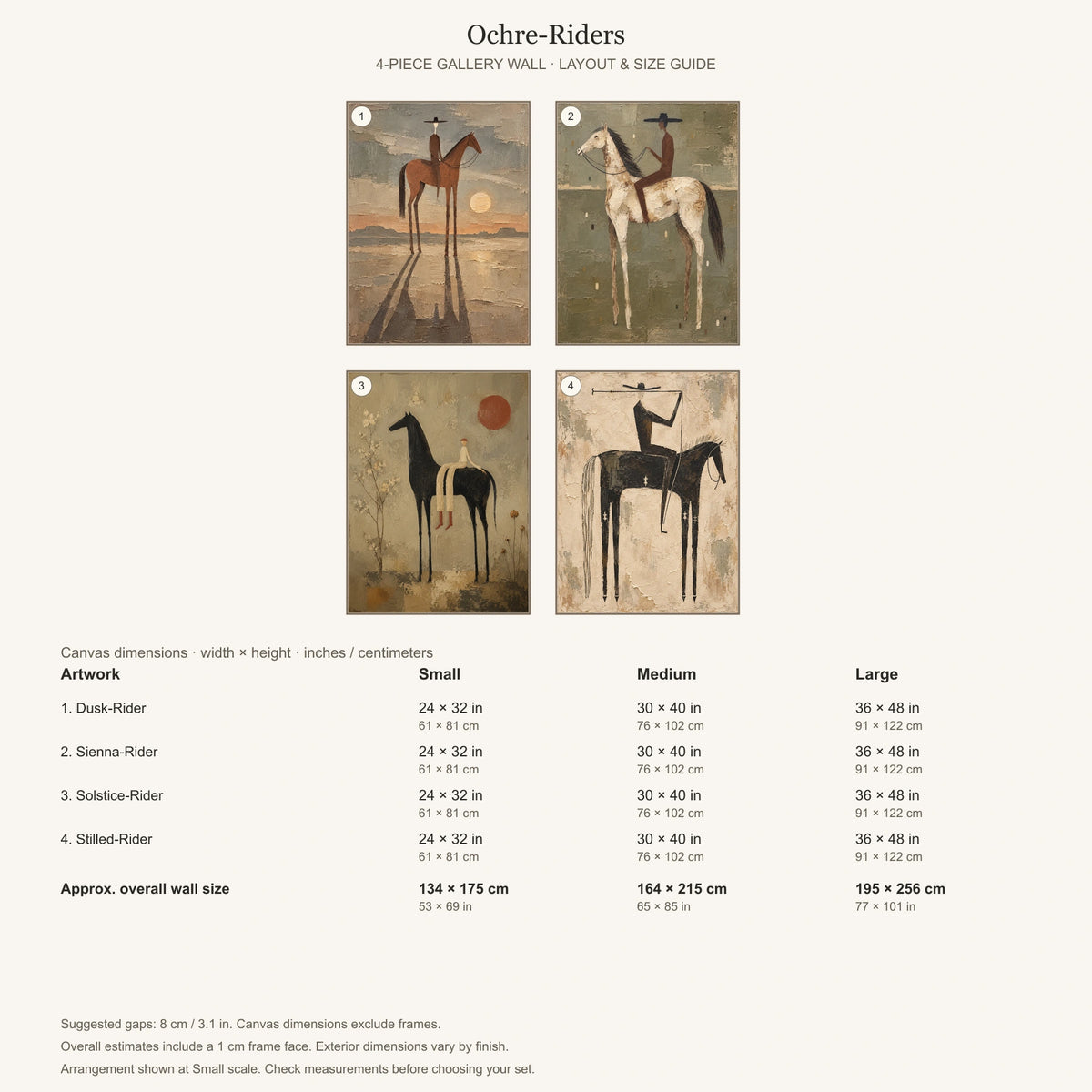 Ochre-Riders: arrangement and Small, Medium and Large dimensions