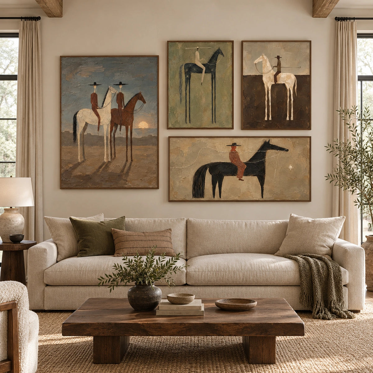 Dusty-Horizons: complete gallery wall in a spacious living room