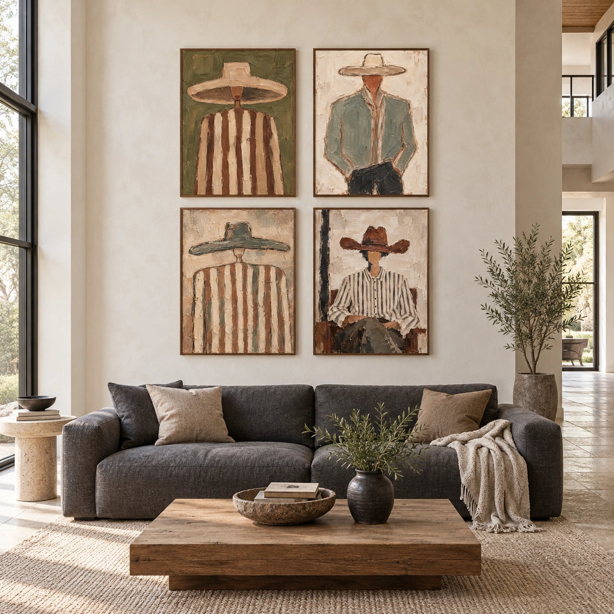 Portrait-Quiet: complete gallery wall in a spacious living room
