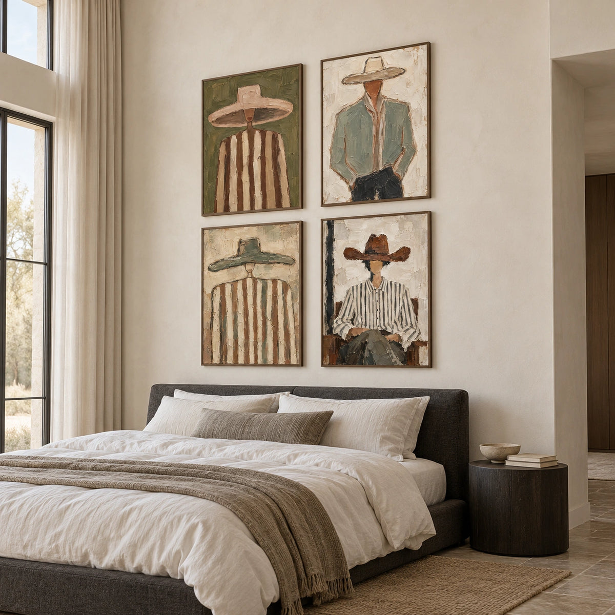 Portrait-Quiet: complete gallery wall in a bedroom
