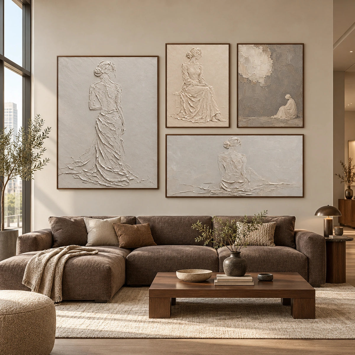 Quiet-Figures: complete gallery wall in a spacious living room