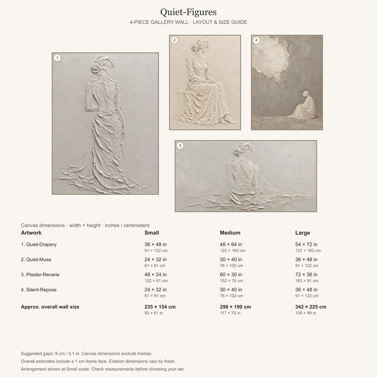 Quiet-Figures: arrangement and Small, Medium and Large dimensions