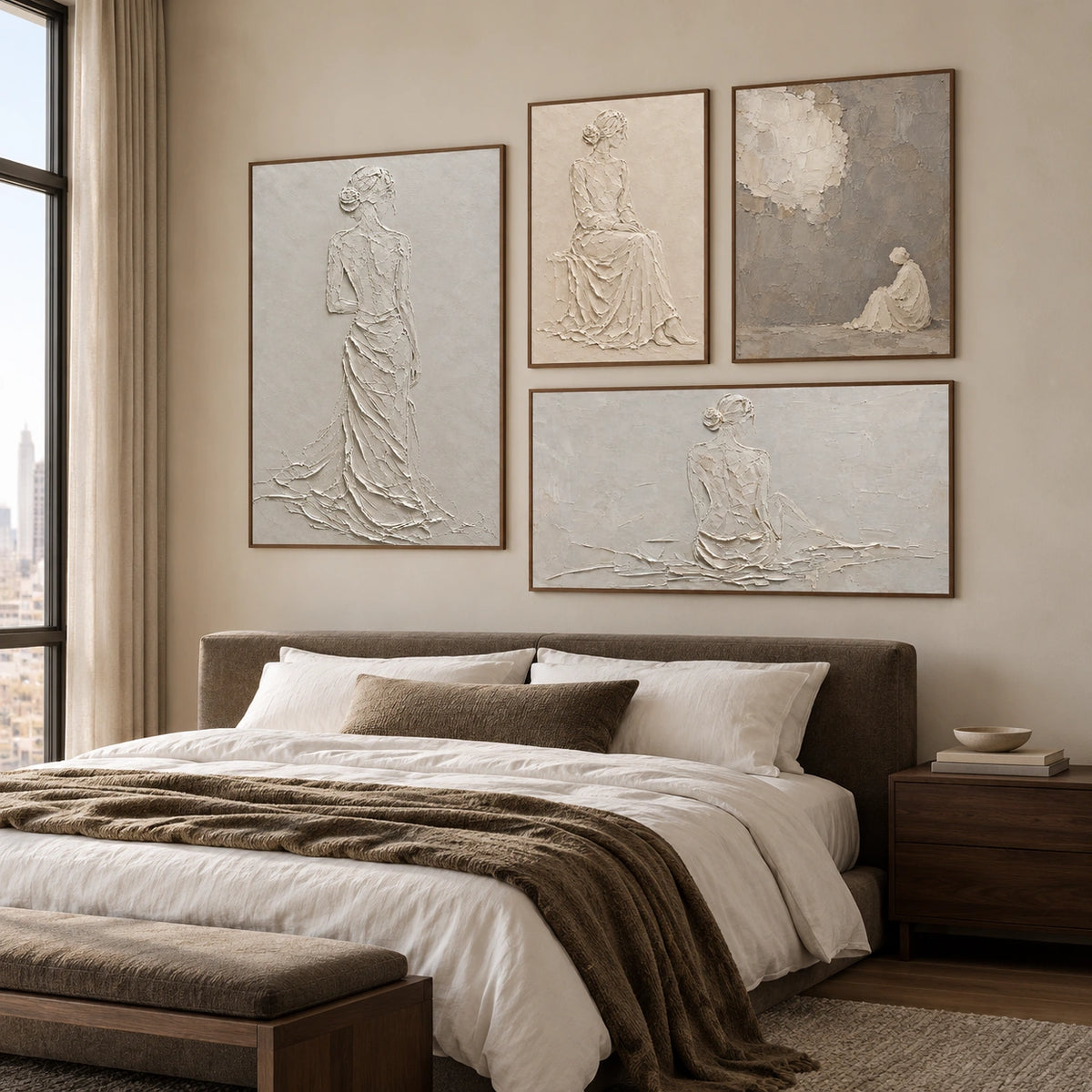 Quiet-Figures: complete gallery wall in a bedroom
