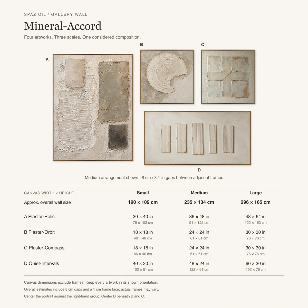 Mineral-Accord layout guide showing all four artworks, canvas dimensions for Small, Medium and Large sets, and suggested8cm gaps.