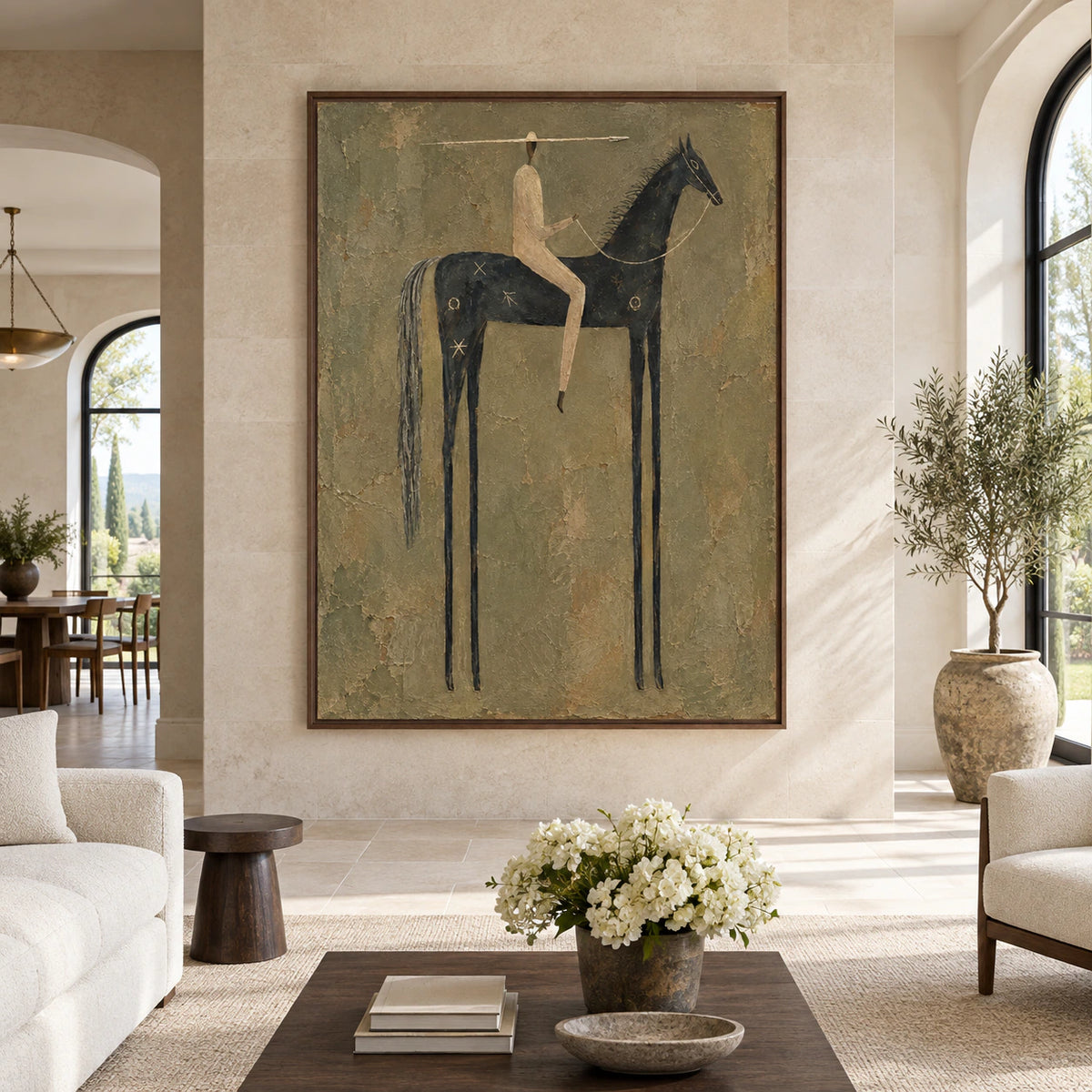 Spear-Rider displayed at large scale in a bright architectural living space, viewed straight on.