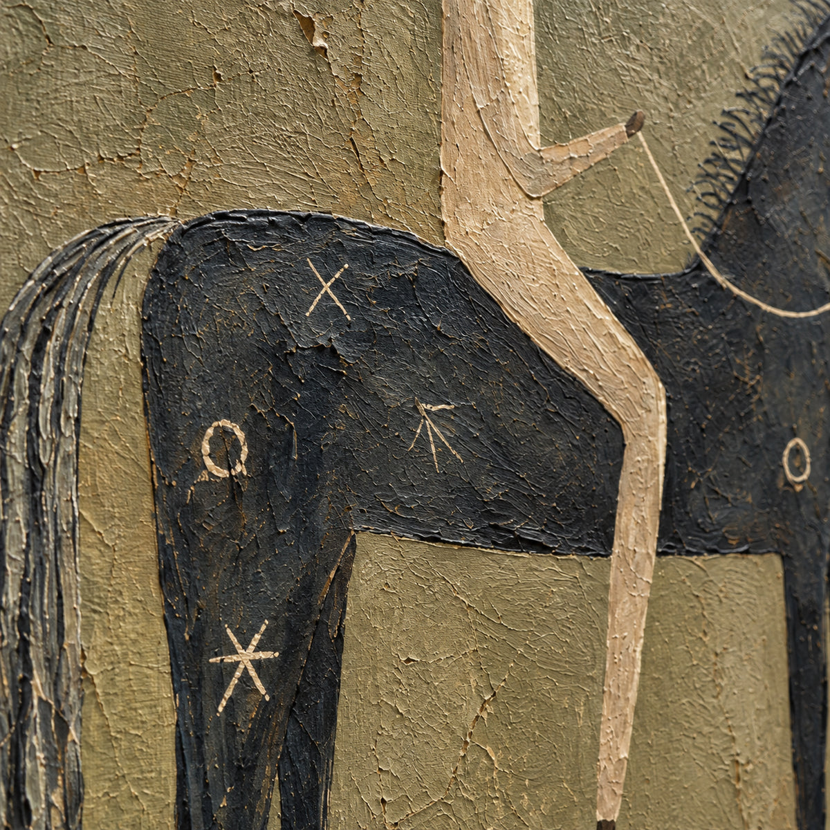 Spear-Rider oil painting brushwork and impasto detail photographed from an oblique side angle