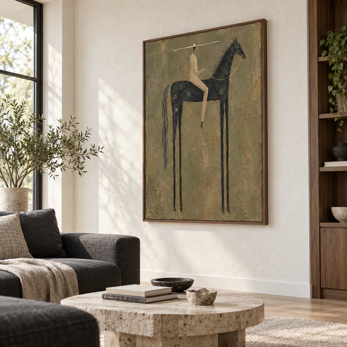 Spear-Rider as the focal artwork in a bright contemporary living room.