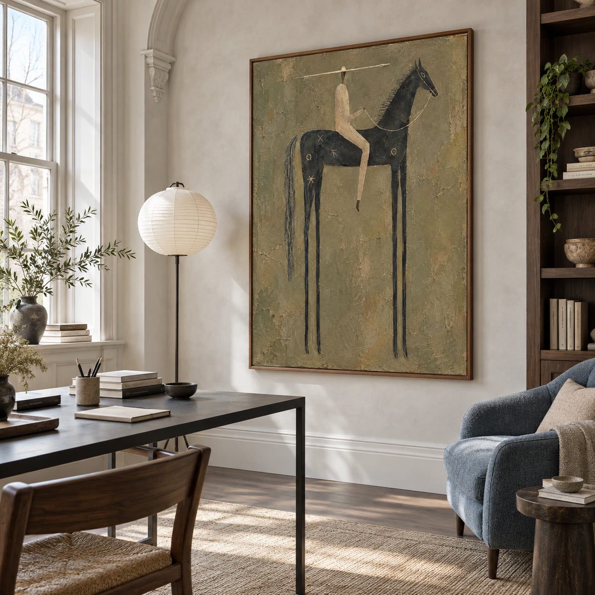 Spear-Rider as a large focal point in an airy reading office.