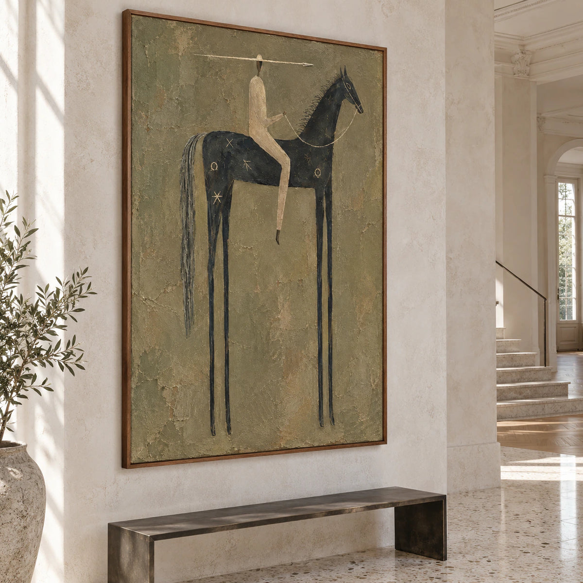 Spear-Rider presented at gallery scale in a bright foyer.