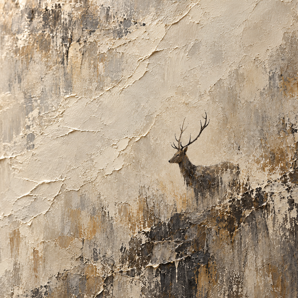 Stag-Recess oil painting brushwork and impasto detail photographed from an oblique side angle