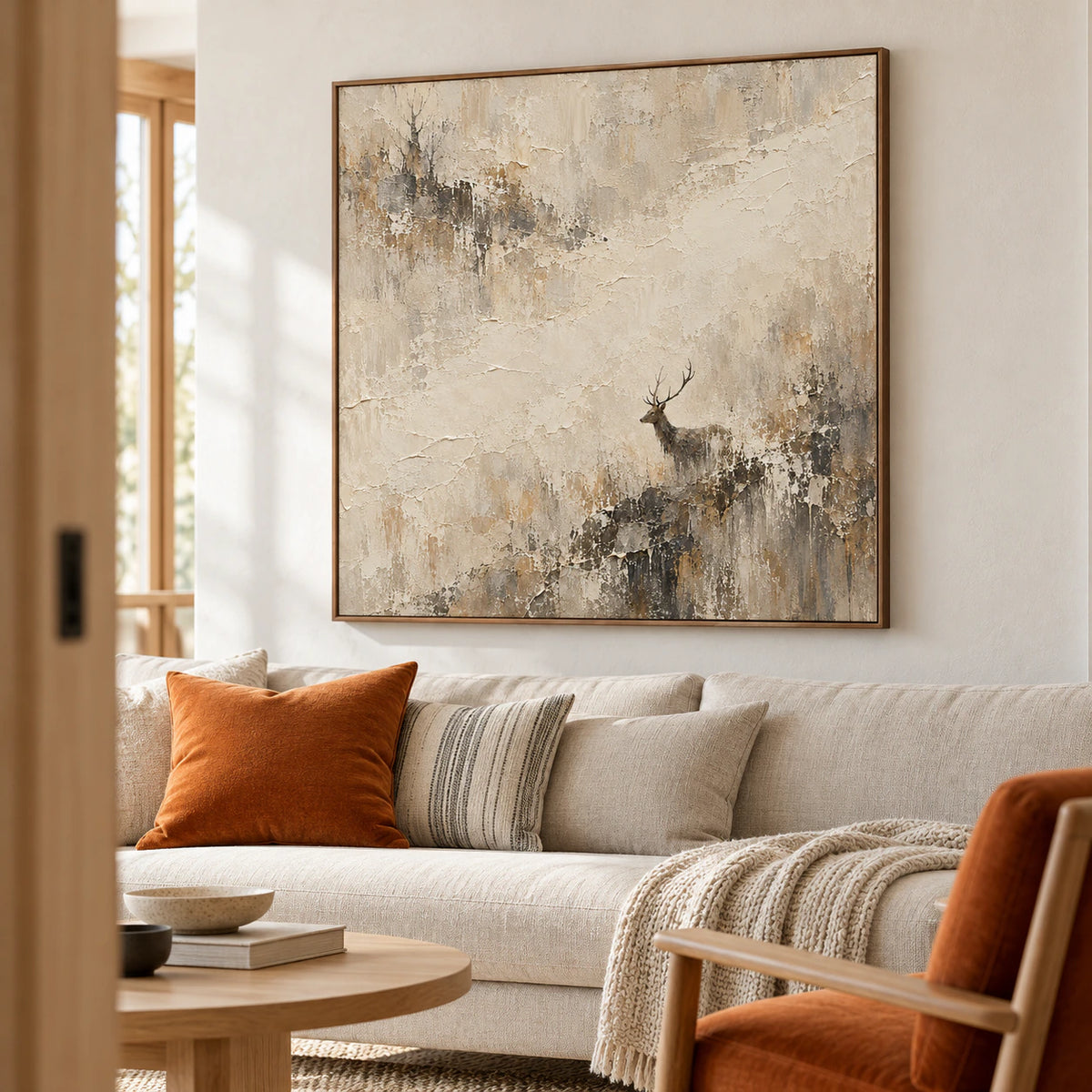 Stag-Recess artwork displayed above a restrained sofa in a bright living room.