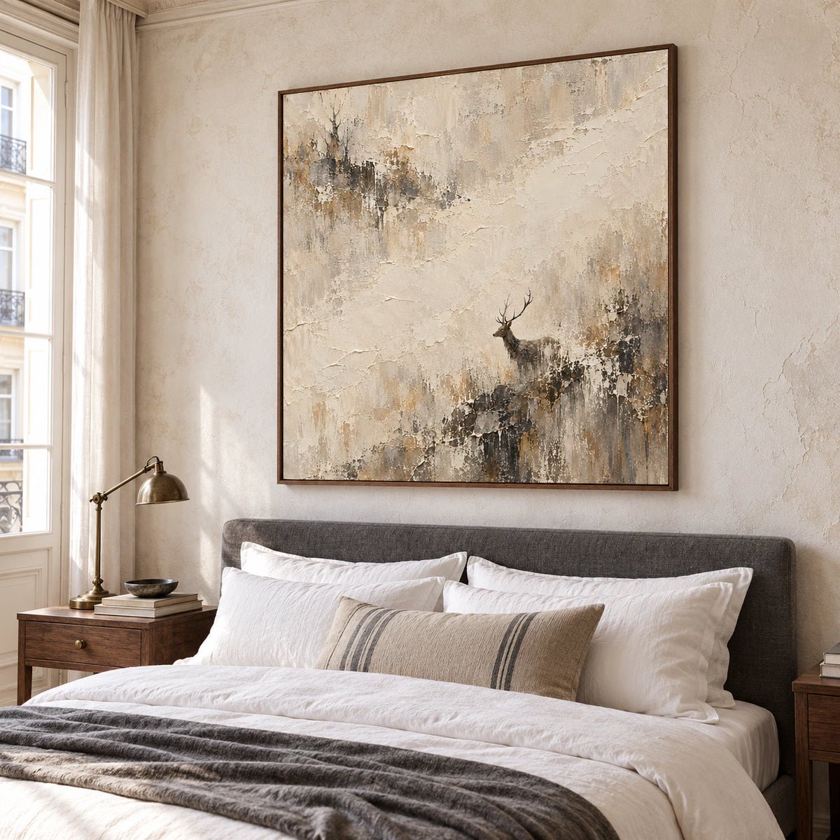 Stag-Recess artwork above a low headboard in a quiet, sunlit bedroom.
