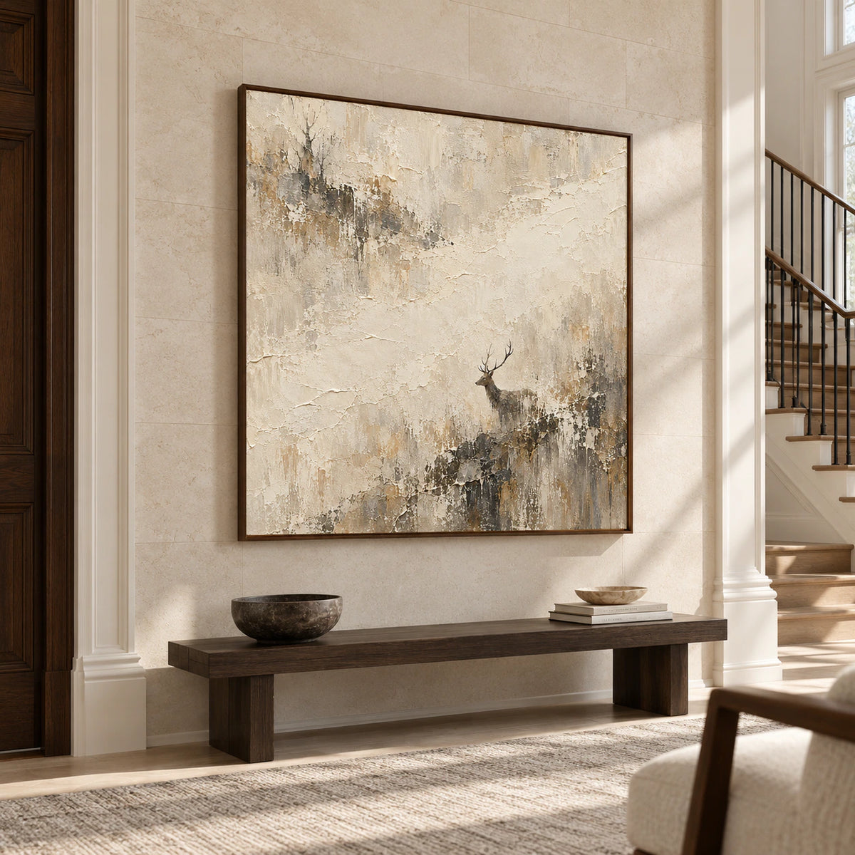 Large Stag-Recess artwork commanding the wall of an open, light-filled foyer.