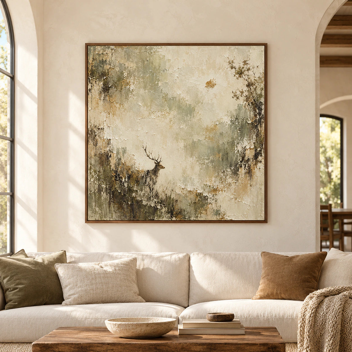 Large square artwork of a stag on a pale weathered ground, centered on a warm plaster wall in a spacious, sunlit living room.
