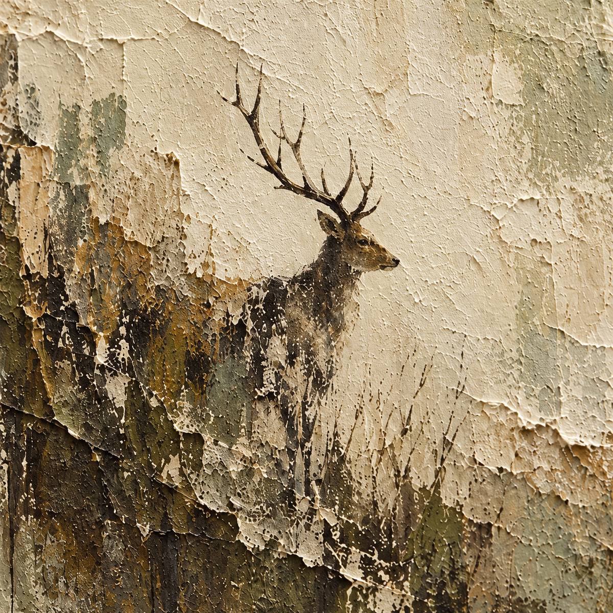Stag-Veil oil painting brushwork and impasto detail photographed from an oblique side angle