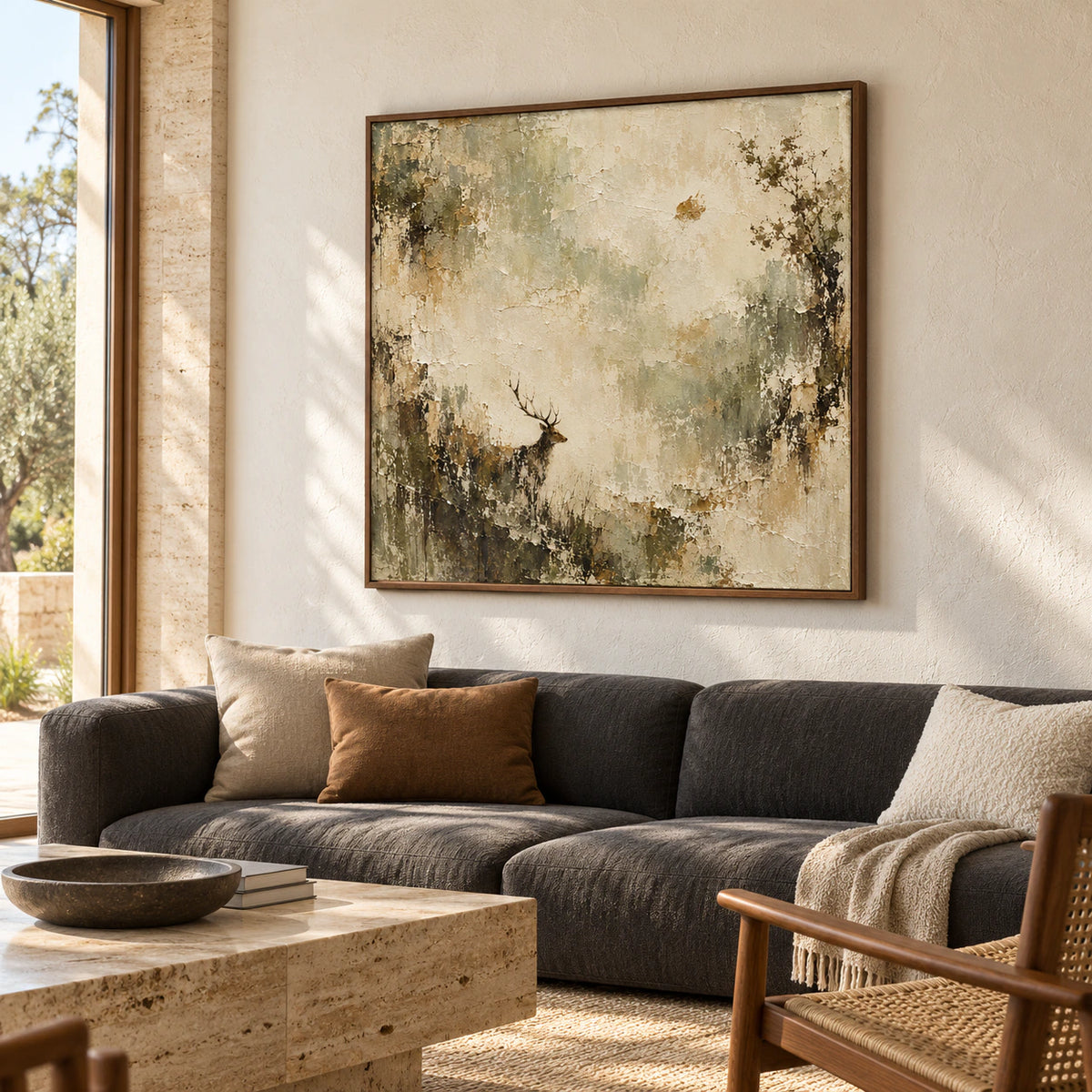 Large square stag artwork above a low charcoal sofa in a bright living room with pale walls and daylight from tall windows.