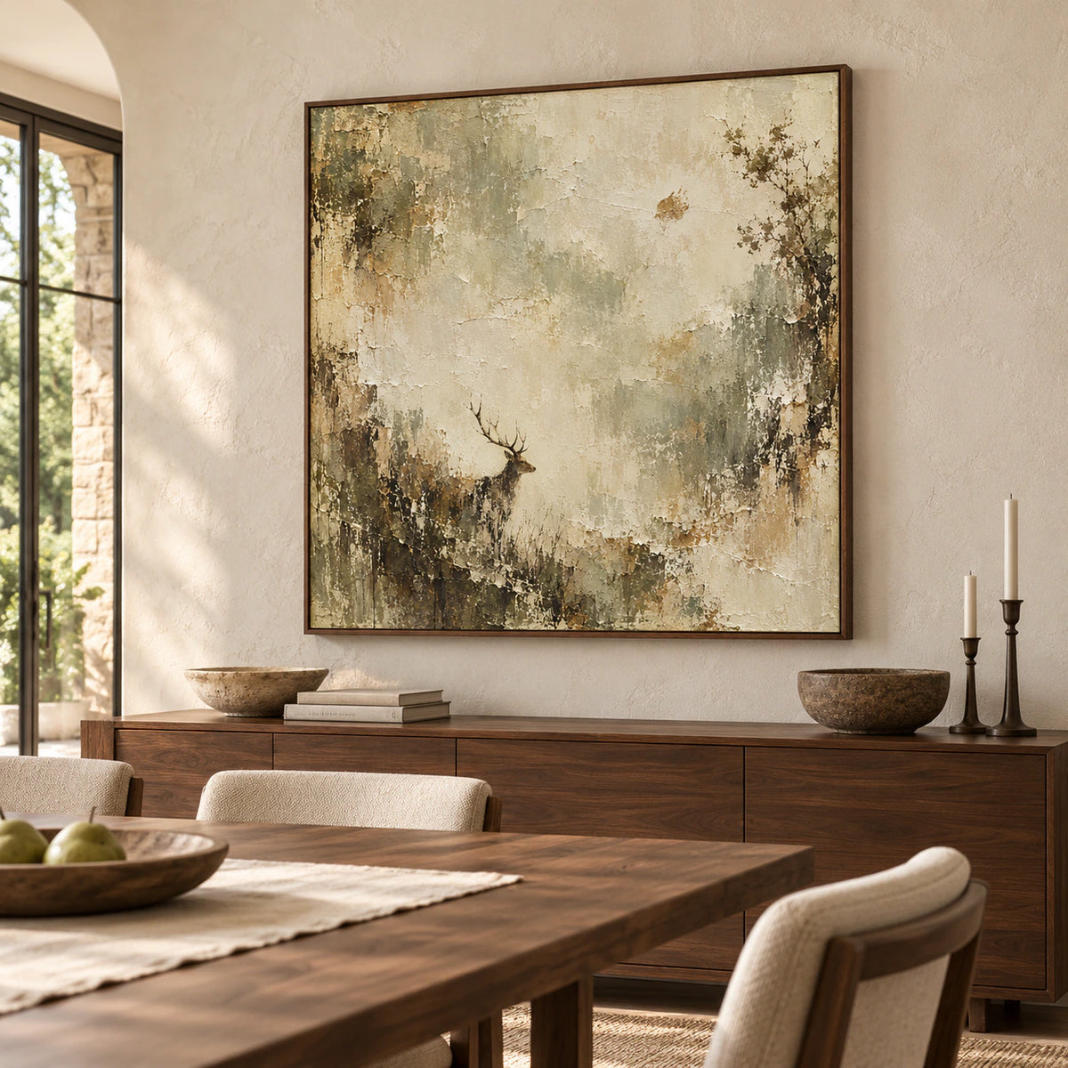 Square stag artwork above a dark walnut dining sideboard in a refined dining room with daylight, restrained stone walls and a long table.