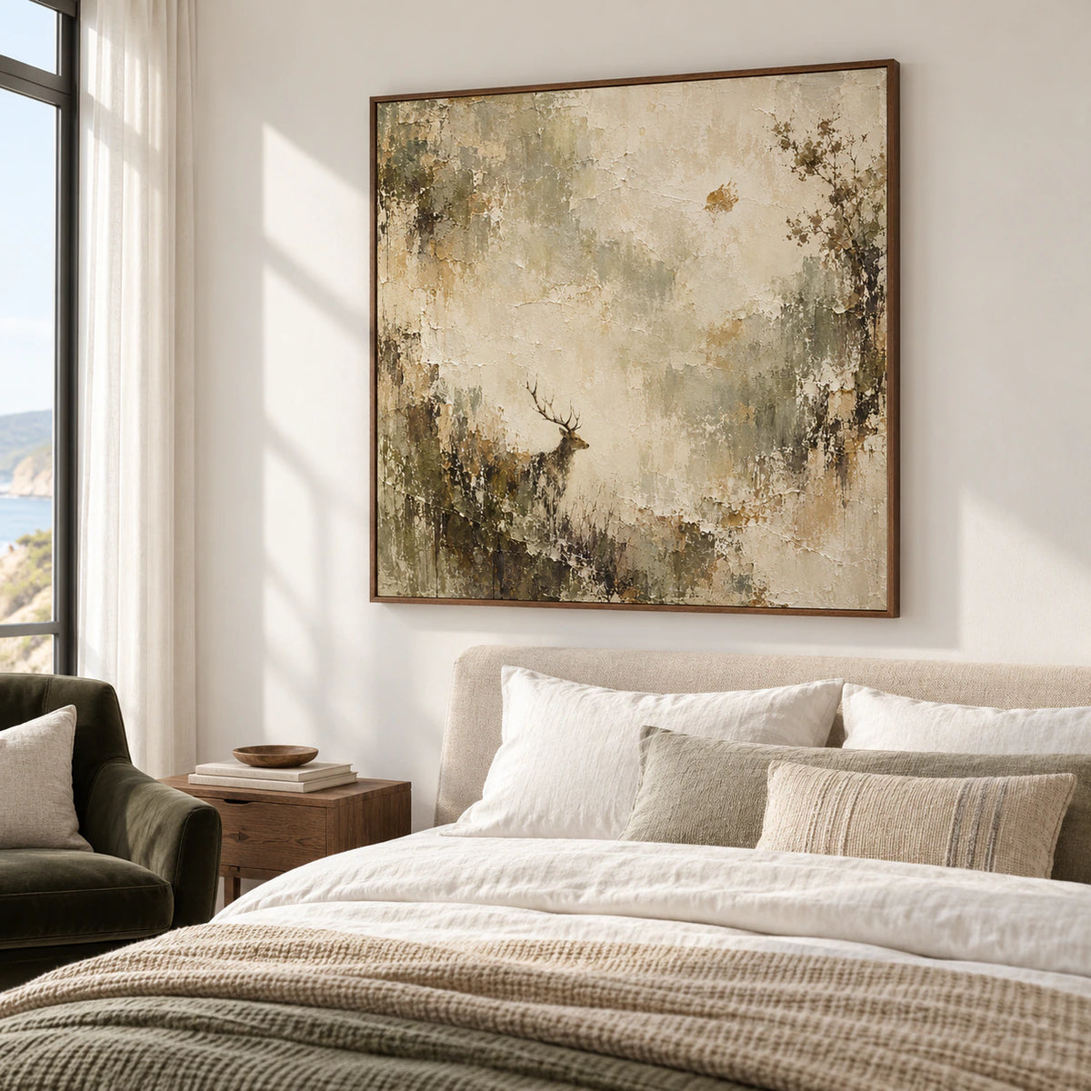 Square stag artwork over a low upholstered bed in a quiet, bright bedroom with soft white linens and warm wood accents.