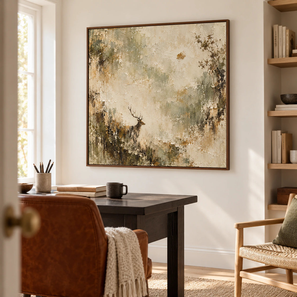 Square stag artwork above a desk in an airy home office with a pale wall, dark desk and clear natural daylight.