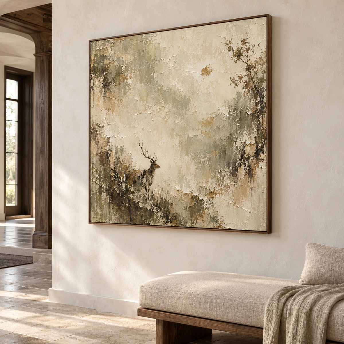 Large square stag artwork commanding a high plaster wall in a bright gallery-scale foyer with a stone floor and minimal seating.
