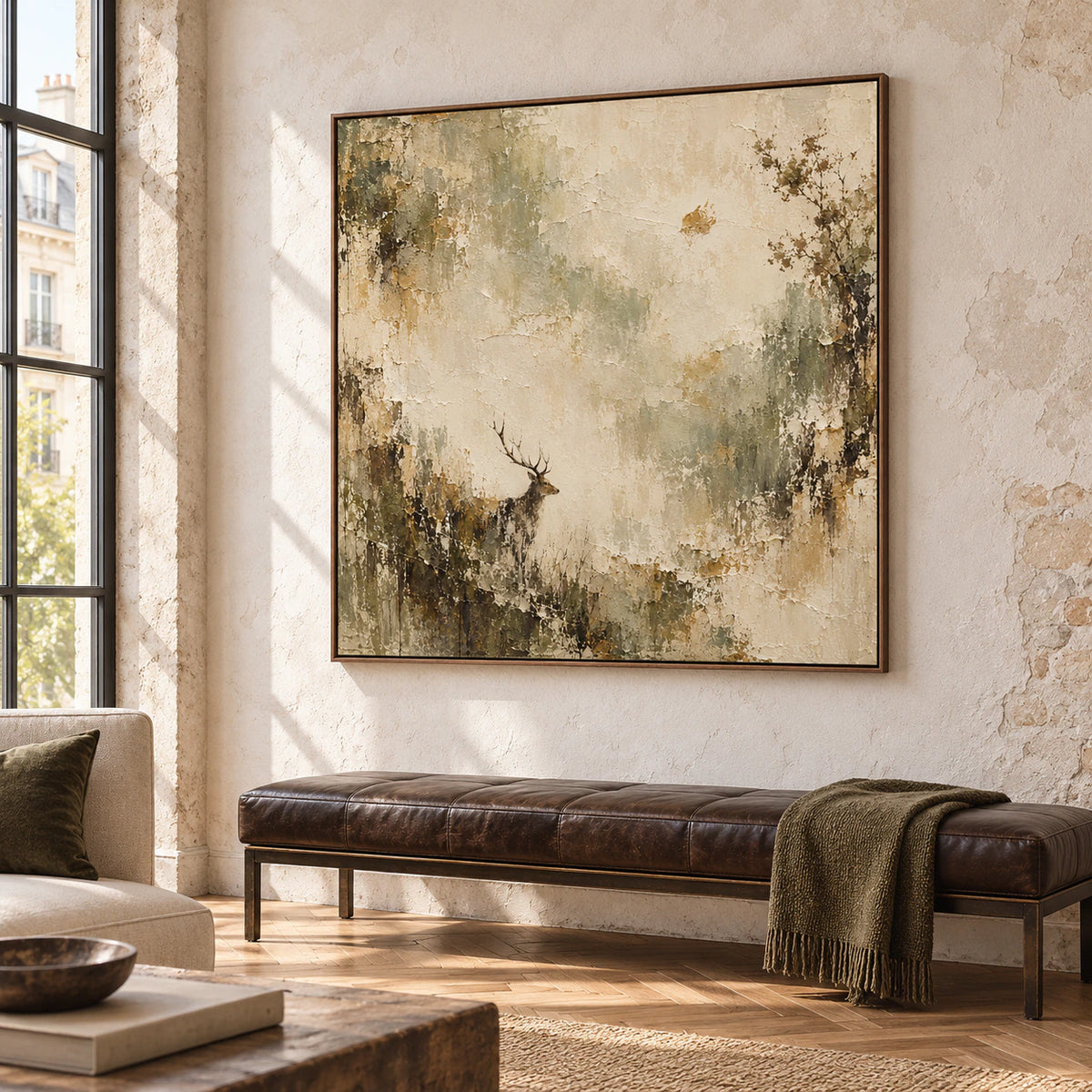 Square stag artwork prominent on a tall wall in an expansive sunlit loft with steel windows, pale masonry and restrained furnishings.
