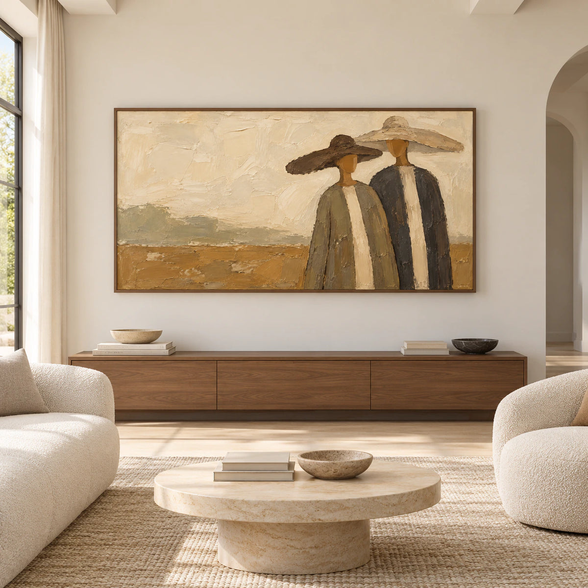 Large-scale straight-on view of Still-Company above a low console in a bright, spacious living room.