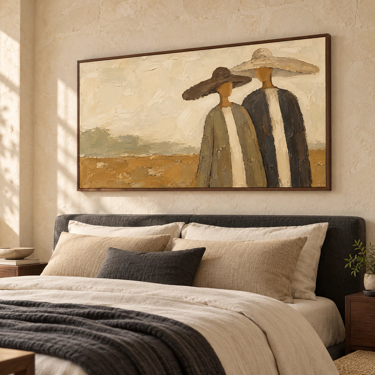 Still-Company displayed above a low bed in a quiet, softly lit bedroom with restrained neutral furnishings.