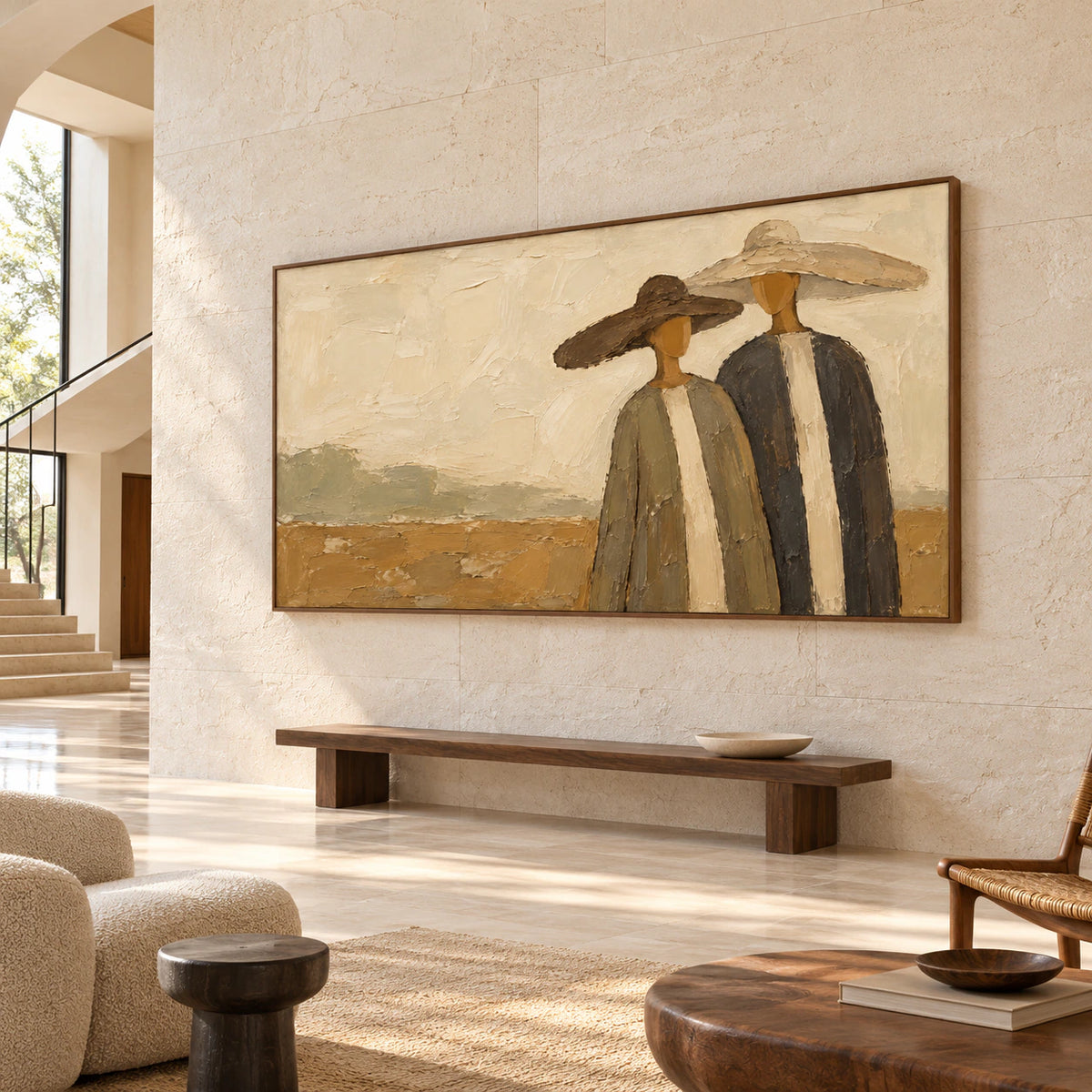 Still-Company displayed at gallery scale in a bright foyer with tall walls and a stone floor.