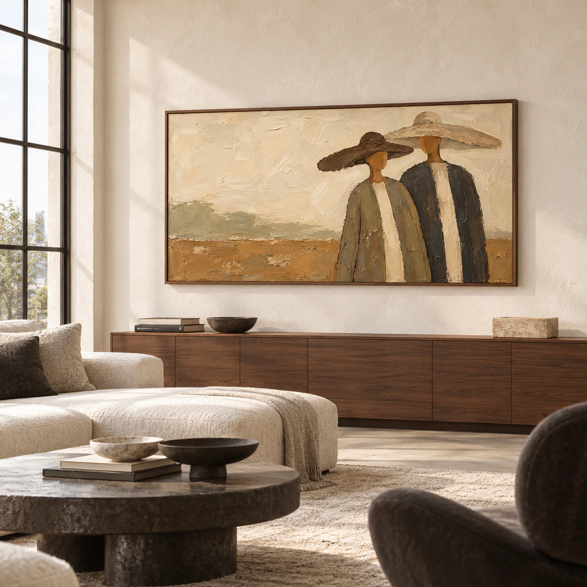 Still-Company displayed as a large focal artwork in an expansive loft interior with generous daylight and restrained furnishings.