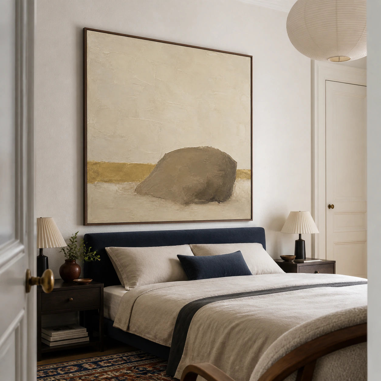 Still-Embankment bringing a quiet earthen focal point to a calm bedroom.