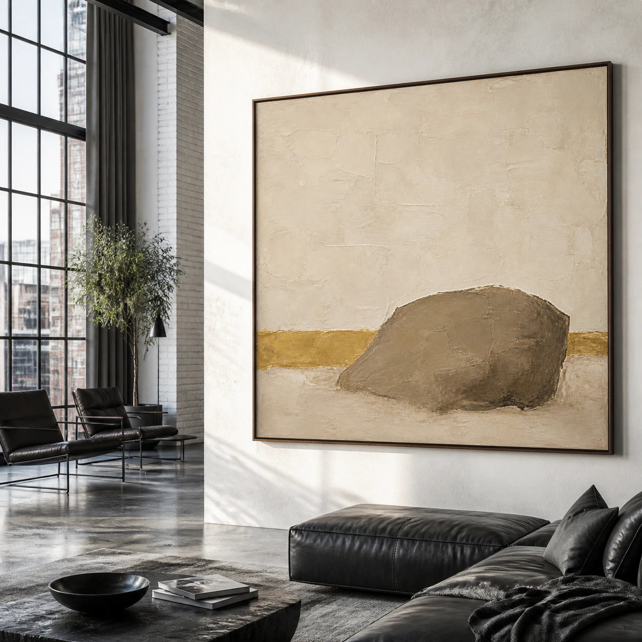 Still-Embankment presented as a large focal artwork in an expansive loft hospitality interior.
