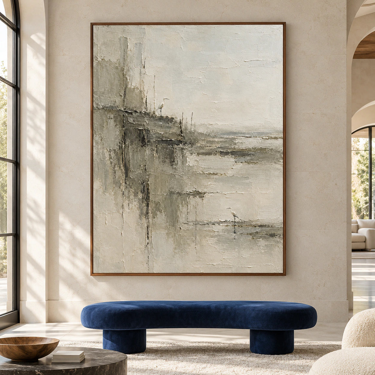 Large vertical artwork of two herons displayed straight-on in a spacious, bright interior.