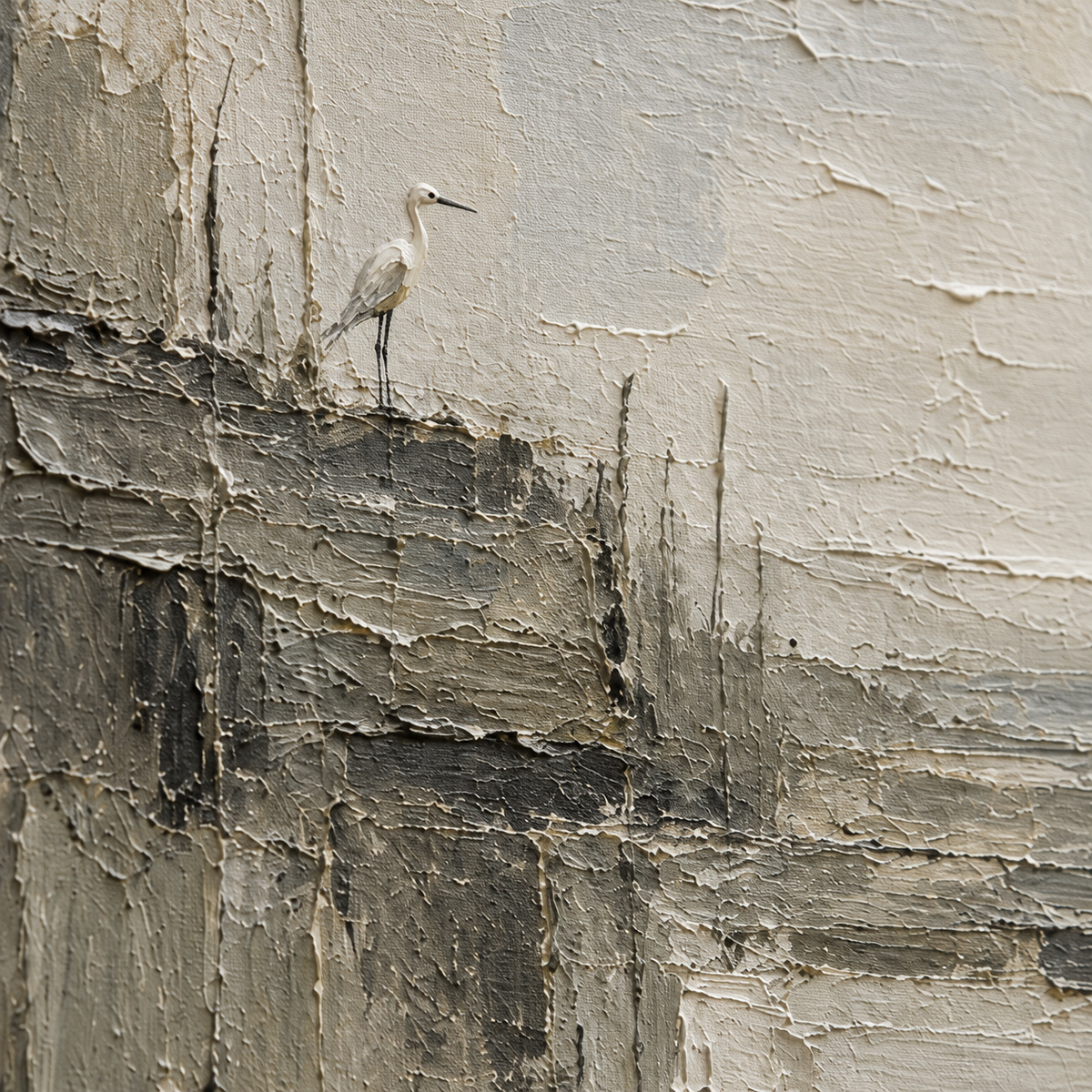 Still-Herons oil painting brushwork and impasto detail photographed from an oblique side angle