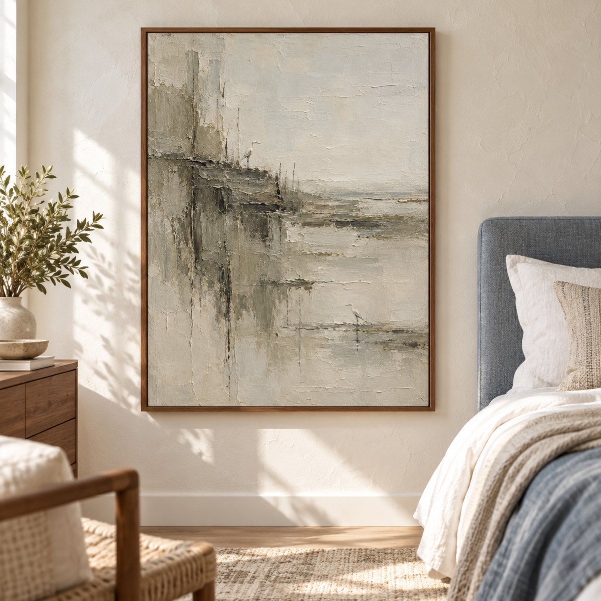 The heron artwork hangs above a simple bed in a quiet, naturally lit bedroom.