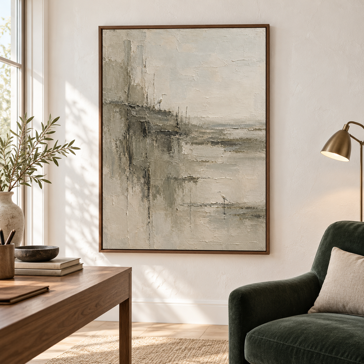 A vertical view of the artwork in an airy home office with a reading chair and desk.