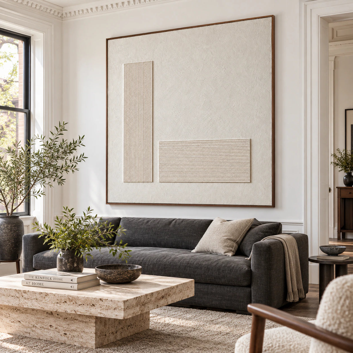Still-Intervals as a large focal artwork in a bright contemporary living room.