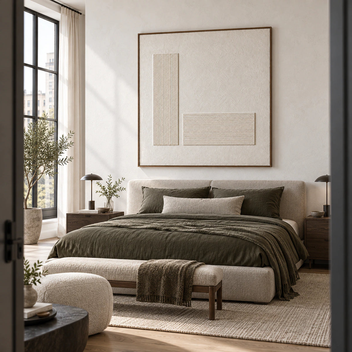 Still-Intervals above a calm bed in a quiet, light-filled bedroom.